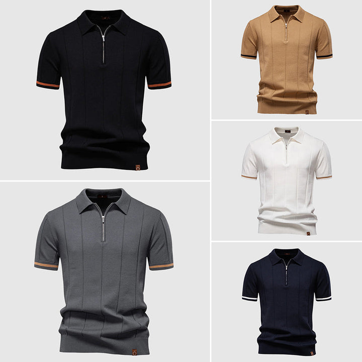 Polo Uomo Zip Manica Corta Tessuto Tecnico Rigato