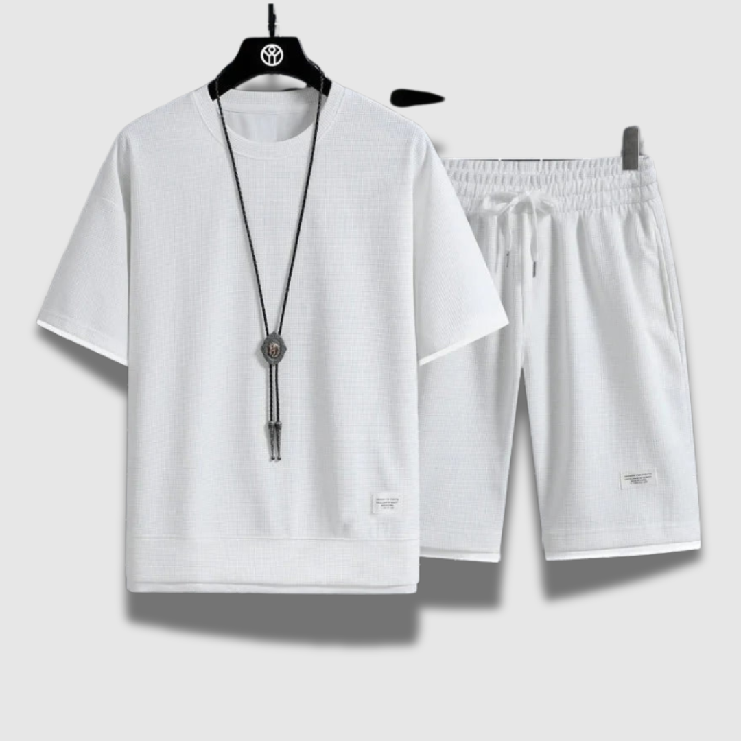 Set Uomo Camicia Cotone Pantaloncini Casual Vestibilità Comoda