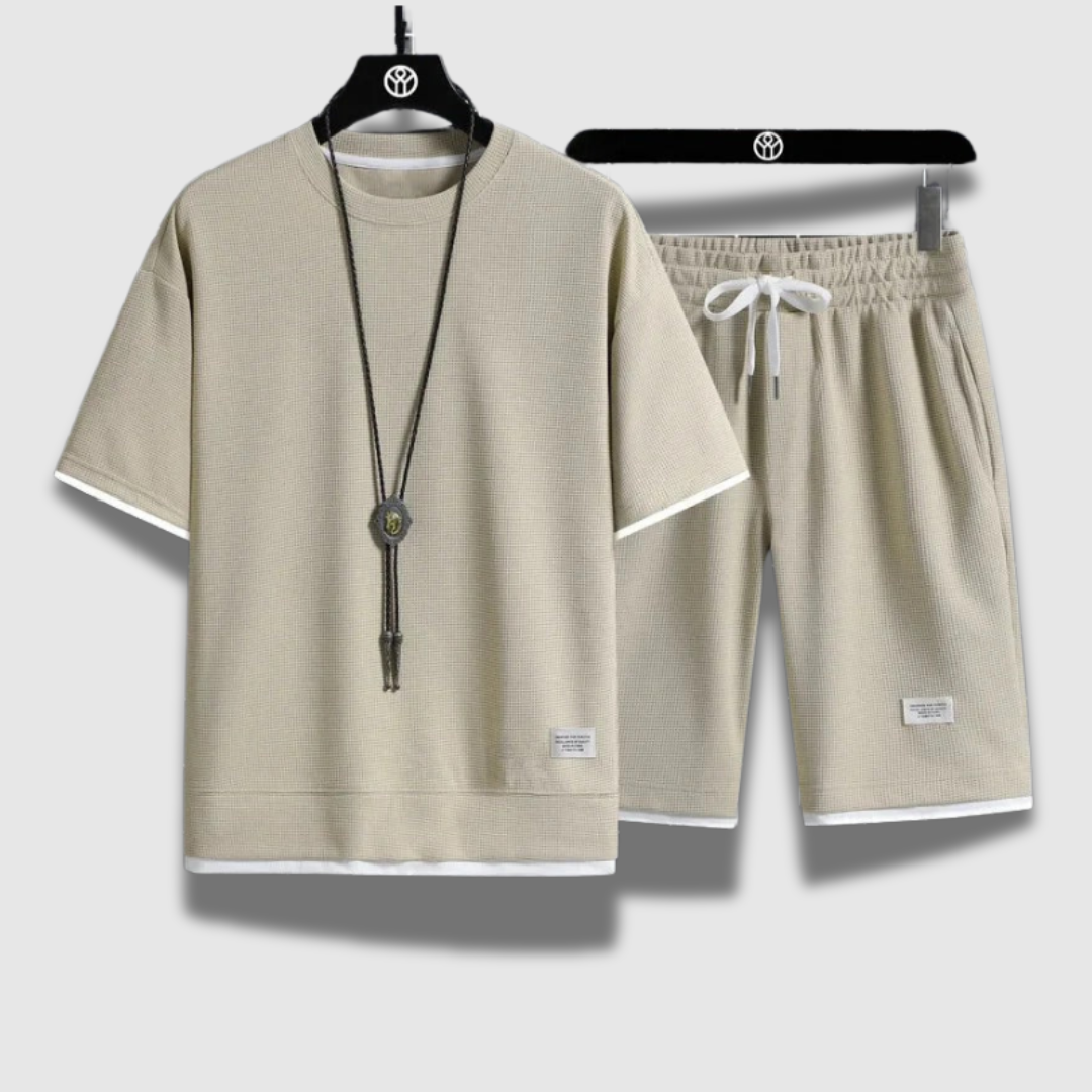 Set Uomo Camicia Cotone Pantaloncini Casual Vestibilità Comoda