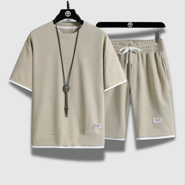 Set Uomo Camicia Cotone Pantaloncini Casual Vestibilità Comoda