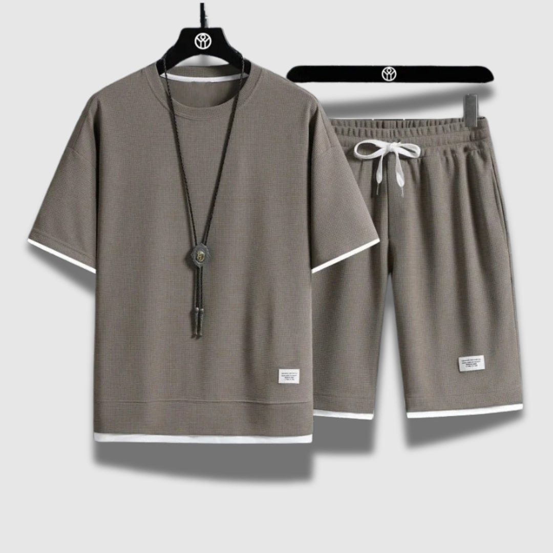 Set Uomo Camicia Cotone Pantaloncini Casual Vestibilità Comoda