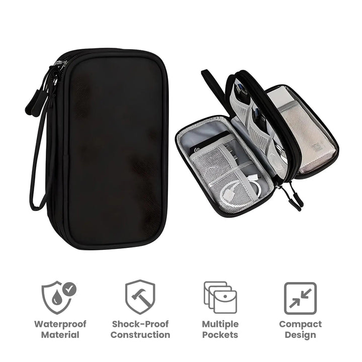Custodia organizer nera impermeabile, antiurto, con design compatto e tasche multiple per cavi e accessori elettronici. Ideale per viaggi.