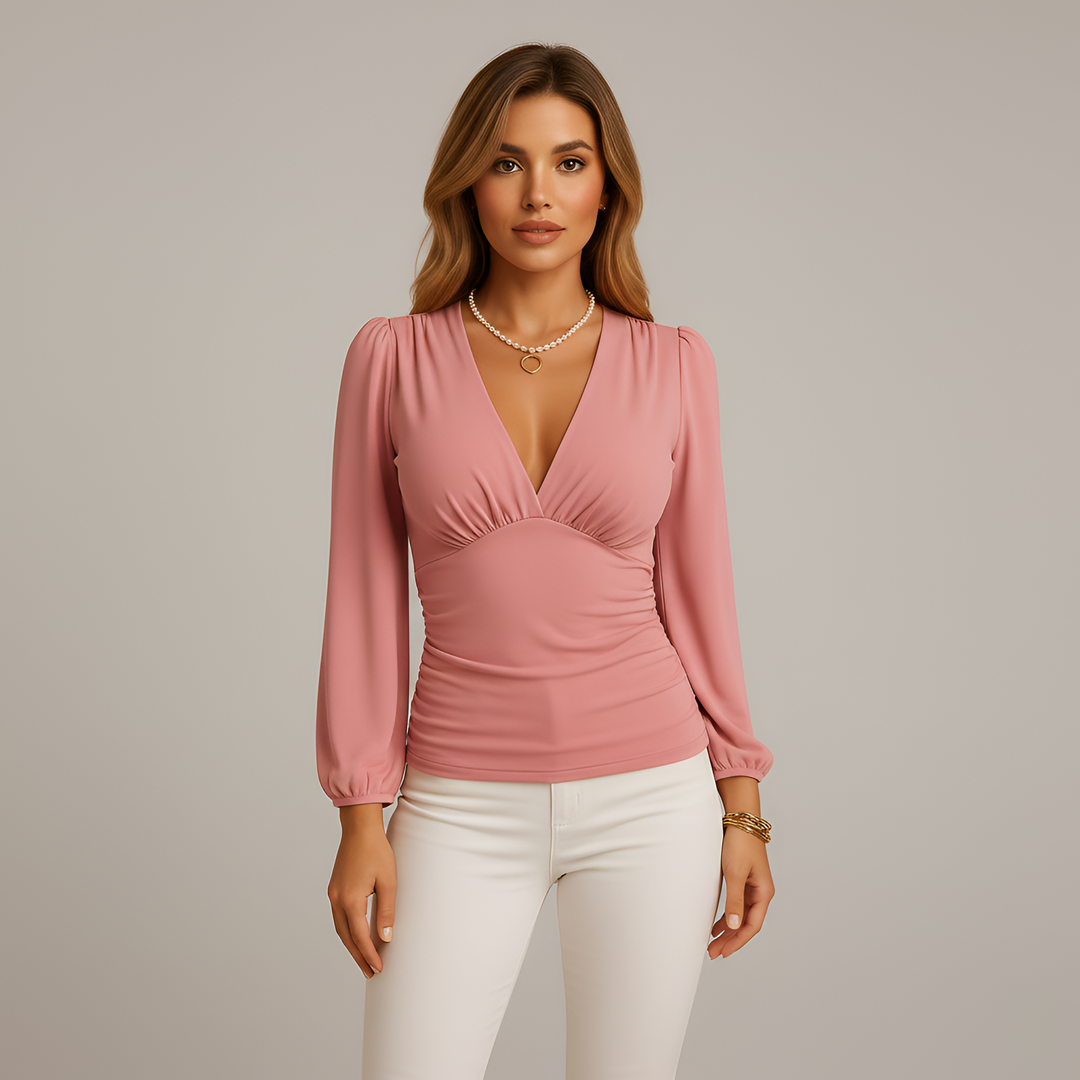 Top donna scollo a V manica lunga vestibilità aderente