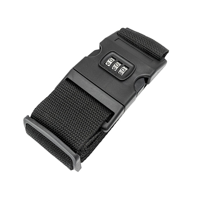 Cintura di sicurezza nera con chiusura a combinazione numerica, ideale per valigie e bagagli. Accessorio da viaggio resistente e regolabile.