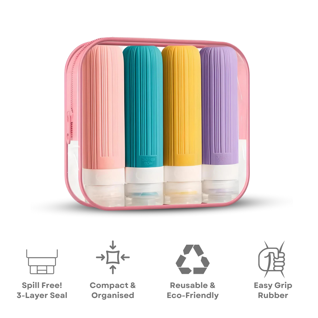 Set da viaggio con flaconi ricaricabili in silicone colorato, confezione rosa, design compatto, ecologico, antiscivolo, ideale per cosmetici.