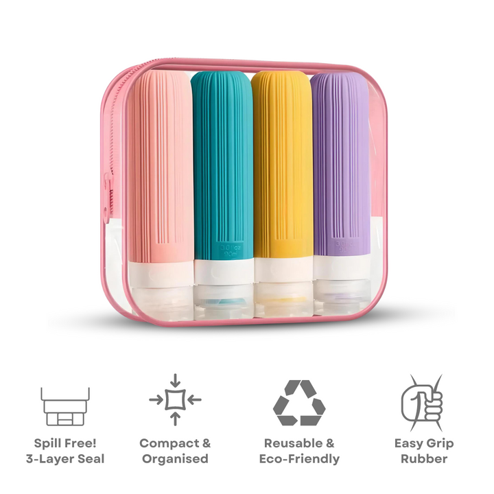 Set da viaggio con flaconi ricaricabili in silicone colorato, confezione rosa, design compatto, ecologico, antiscivolo, ideale per cosmetici.