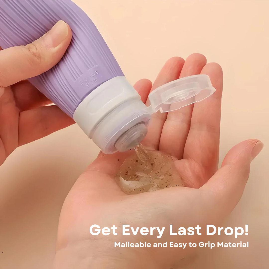 Flacone da viaggio viola in silicone, facile da spremere, con tappo aperto. Gel trasparente versato su mano. Ideale per shampoo e lozioni.