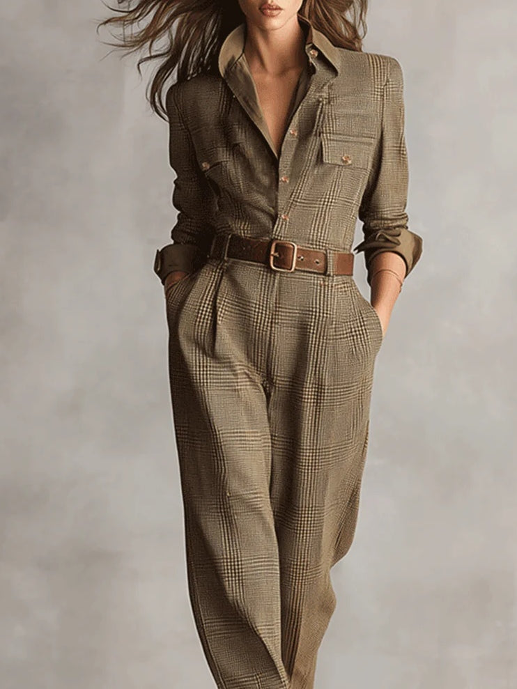Tuta utility in tweed marrone a fantasia raffinata