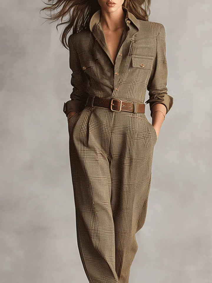 Tuta utility in tweed marrone a fantasia raffinata
