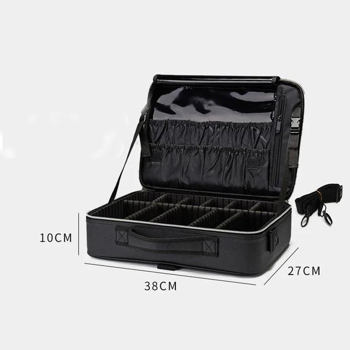 Custodia organizer nera per fotocamera, dimensioni 38x27x10 cm, con scomparti regolabili e tasche interne, ideale per accessori fotografici.