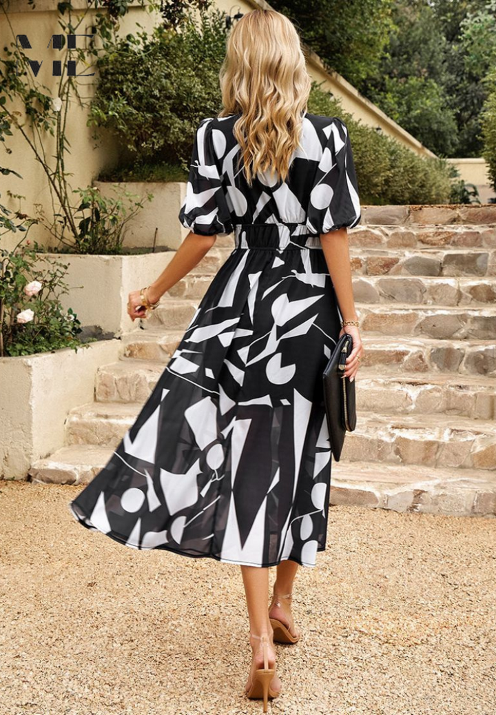 Abito Midi Donna Floreale Scollo a V Manica Corta Estivo