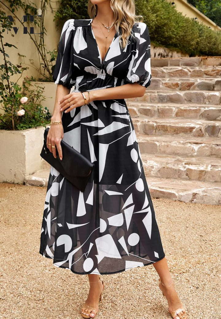 Abito Midi Donna Floreale Scollo a V Manica Corta Estivo