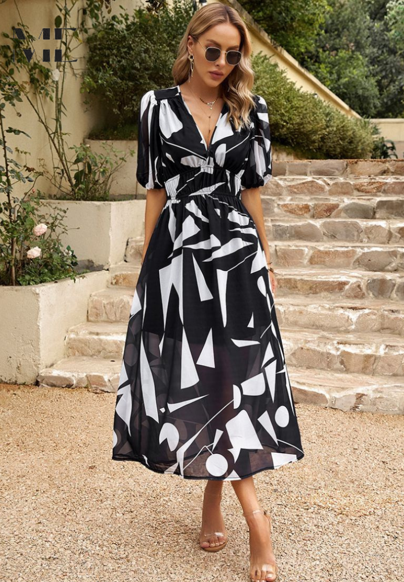 Abito Midi Donna Floreale Scollo a V Manica Corta Estivo