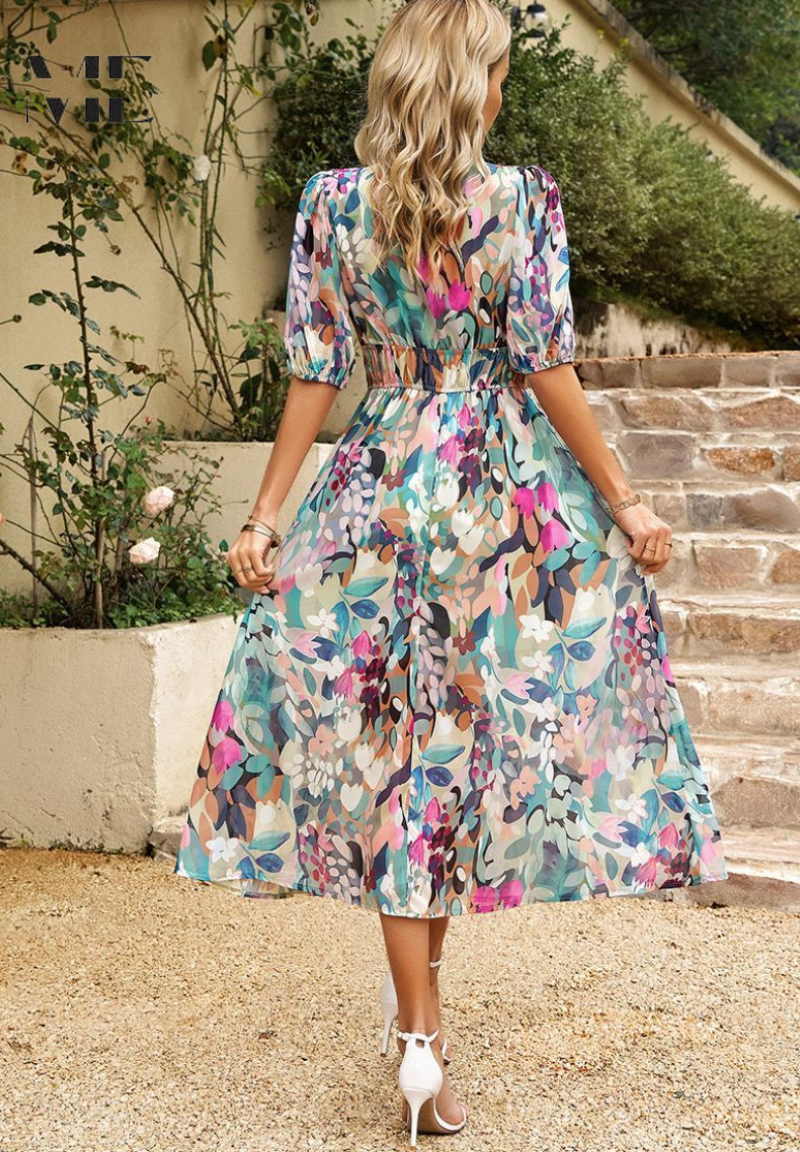 Abito Midi Donna Floreale Scollo a V Manica Corta Estivo
