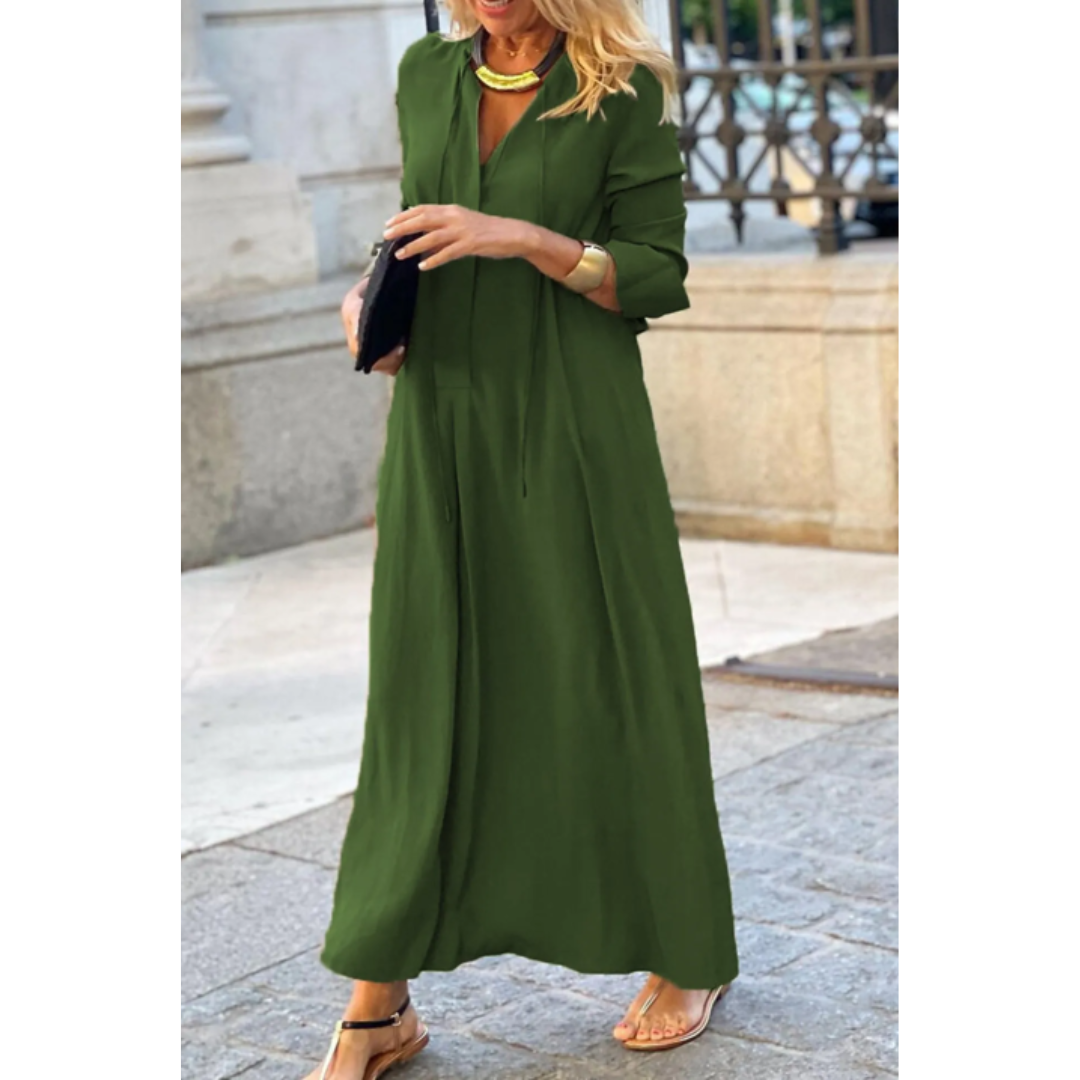 Abito Lungo Donna Svasato Maniche Lunghe Scollo a V