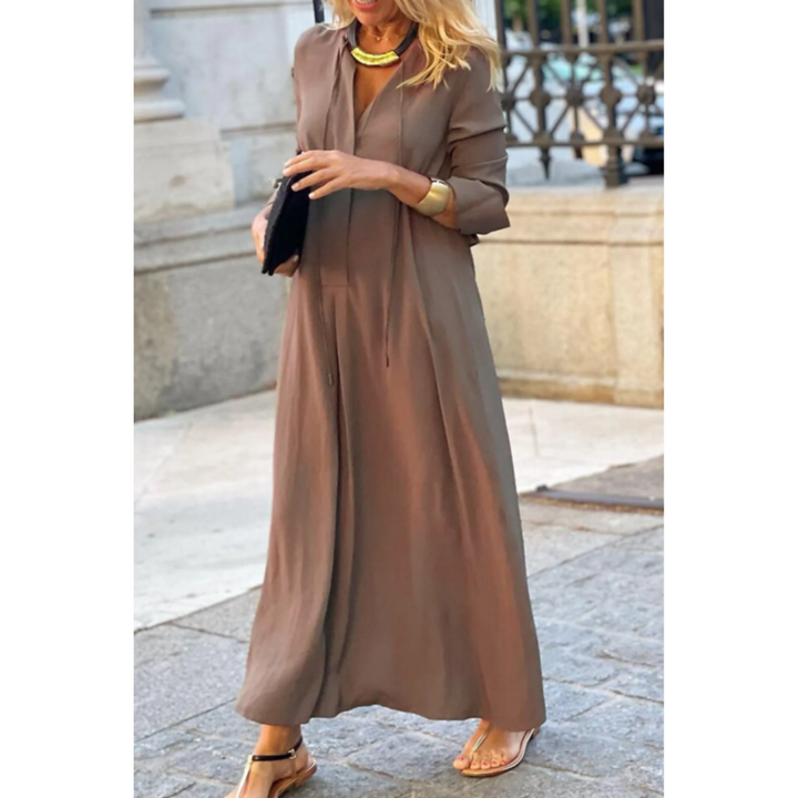 Abito Lungo Donna Svasato Maniche Lunghe Scollo a V