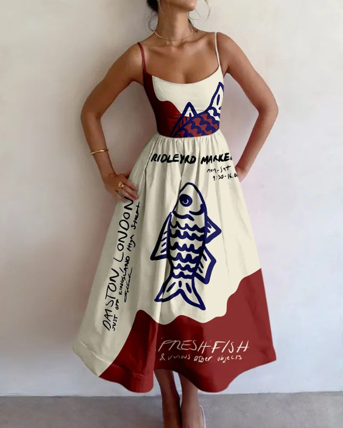 Abito Midi Donna Stampa Astratta Pesci Estivo Elegante