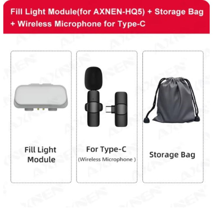 Modulo luce di riempimento AXNEN-HQ5, microfono wireless per Type-C e borsa di stoccaggio. Accessori per smartphone, illuminazione e audio portatile.