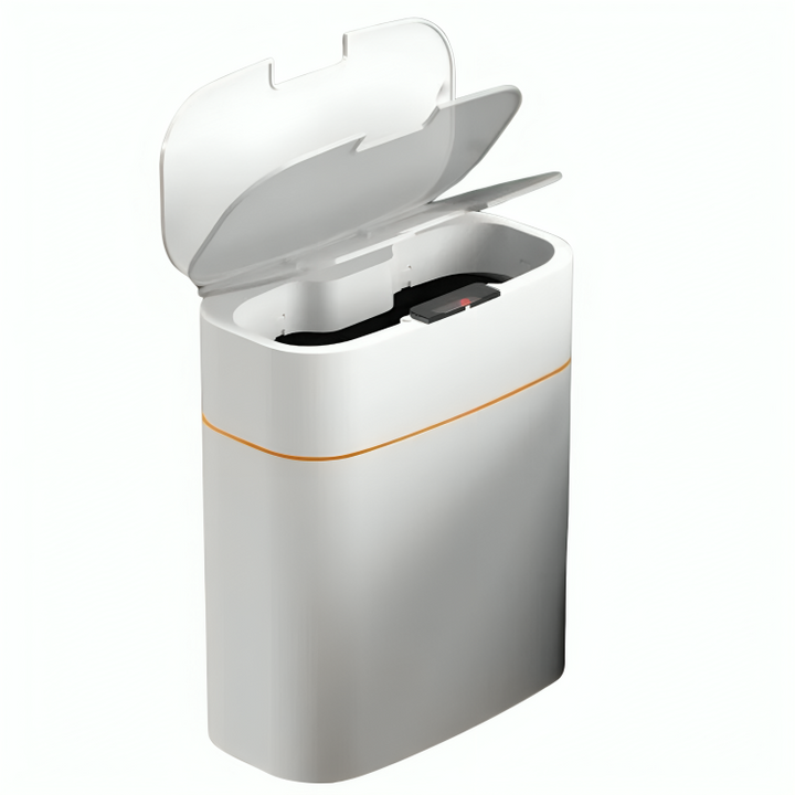 Contenitore per rifiuti automatico bianco con coperchio aperto, design moderno, sensore di movimento, ideale per cucina o ufficio.