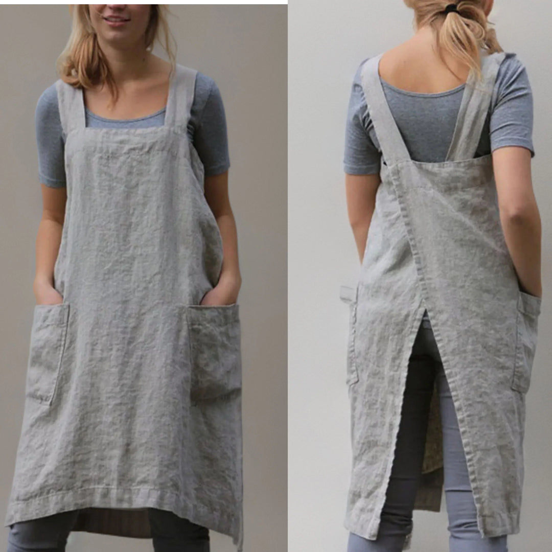 Abito Grembiule Donna in Lino Casual con Tasche