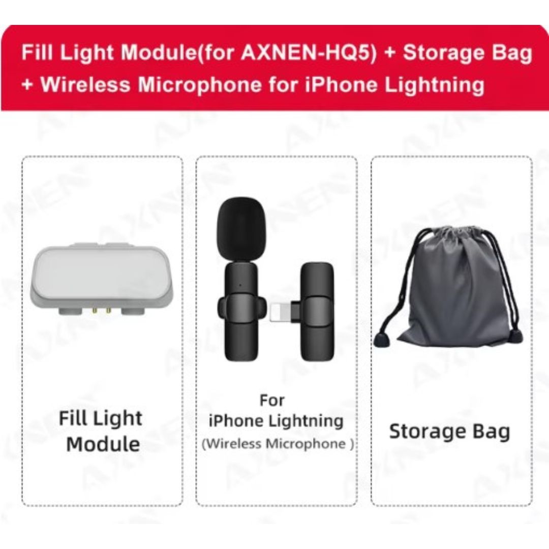 Modulo luce LED per AXNEN-HQ5, microfono wireless per iPhone Lightning e borsa di stoccaggio. Accessori smartphone, illuminazione, audio.
