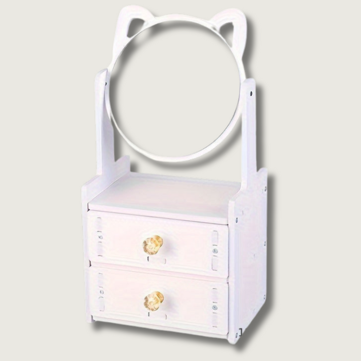 Specchio da tavolo con orecchie di gatto, bianco, con due cassetti e maniglie dorate, design elegante per camera da letto o toeletta.