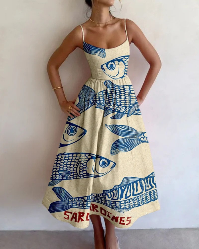 Abito Midi Donna Stampa Astratta Pesci Estivo Elegante