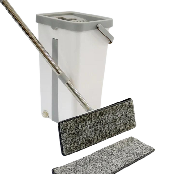 Mocio in microfibra con secchio rettangolare grigio, manico in acciaio inox, sistema di lavaggio e strizzatura, ideale per pavimenti.