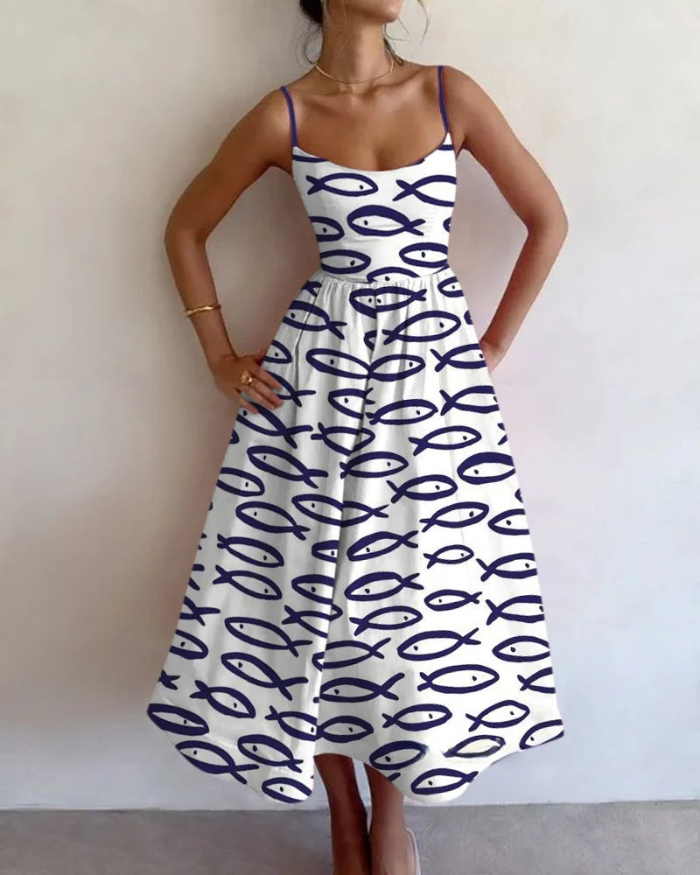 Abito Midi Donna Stampa Astratta Pesci Estivo Elegante