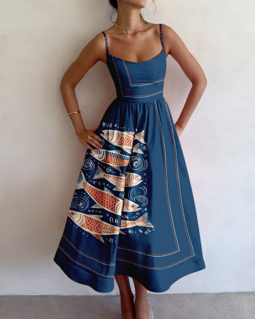 Abito Midi Donna Stampa Astratta Pesci Estivo Elegante