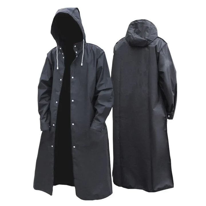 Cappotto impermeabile nero con cappuccio, lungo, unisex, antivento, ideale per pioggia, outdoor, trekking, con chiusura a bottoni e tasche laterali.