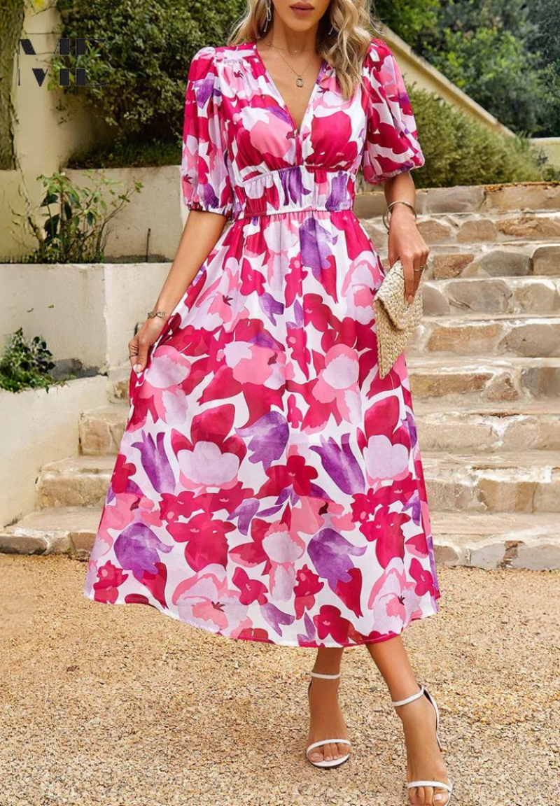Abito Midi Donna Floreale Scollo a V Manica Corta Estivo