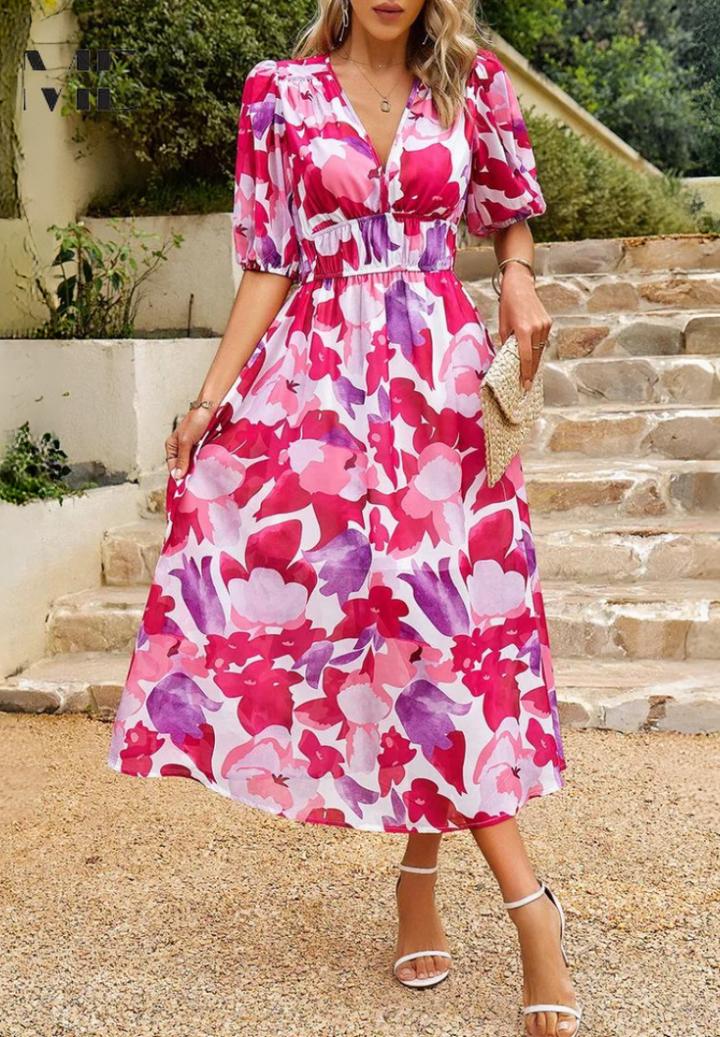 Abito Midi Donna Floreale Scollo a V Manica Corta Estivo