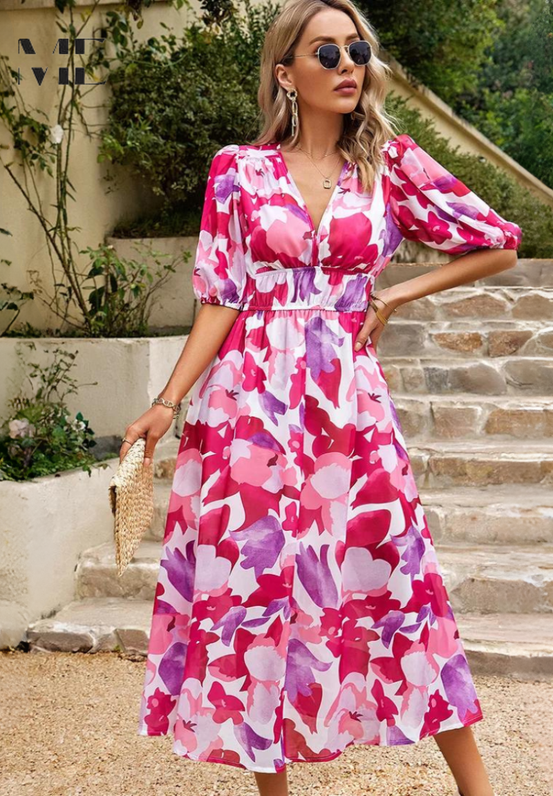 Abito Midi Donna Floreale Scollo a V Manica Corta Estivo