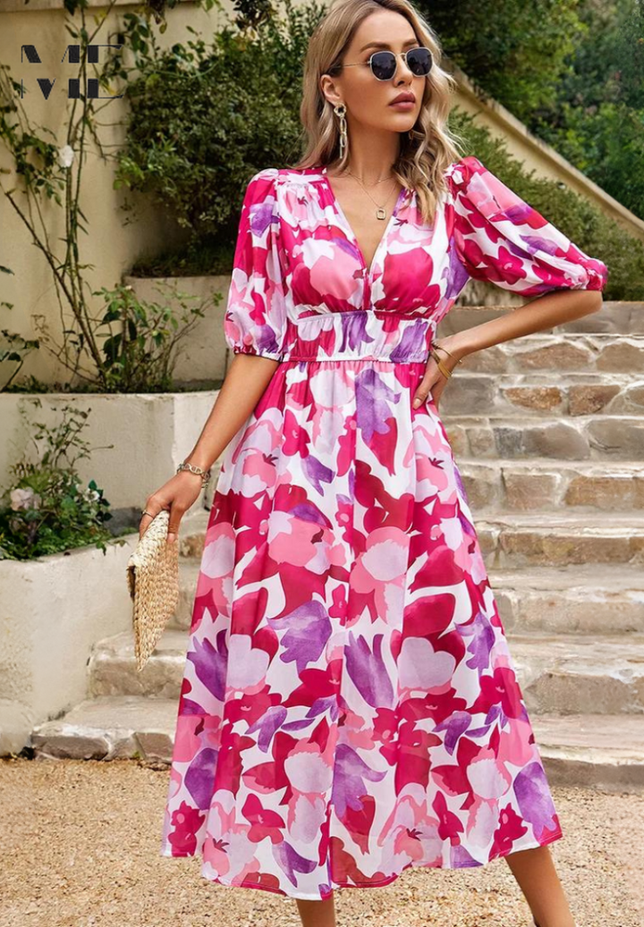 Abito Midi Donna Floreale Scollo a V Manica Corta Estivo