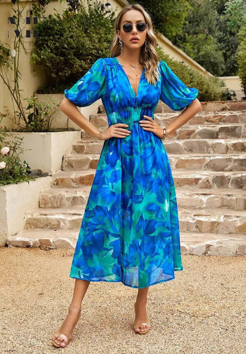 Abito Midi Donna Floreale Scollo a V Manica Corta Estivo