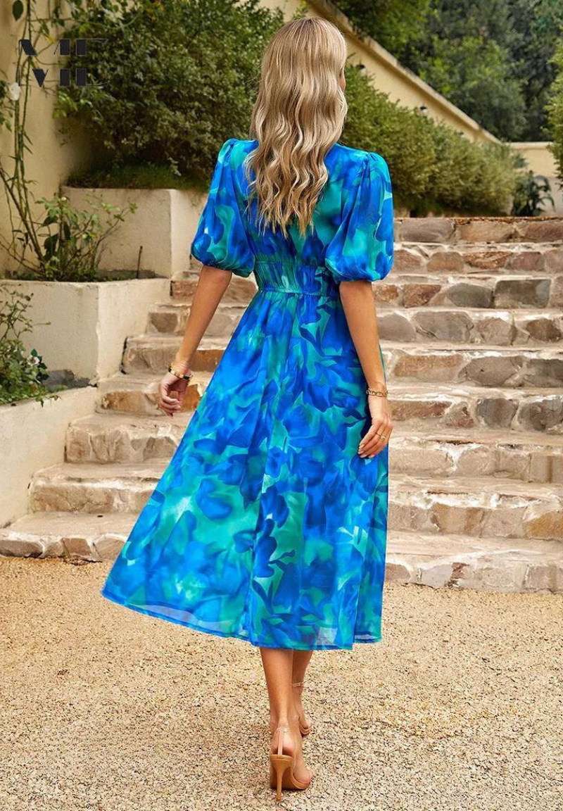 Abito Midi Donna Floreale Scollo a V Manica Corta Estivo