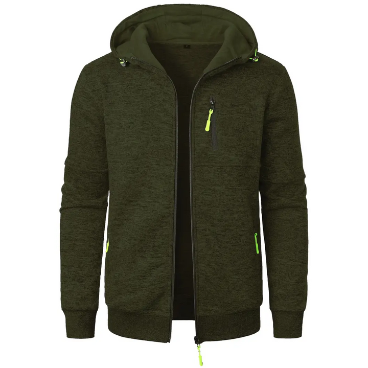 Felpa con cappuccio verde scuro, zip frontale, tasche con cerniera giallo neon, design casual, ideale per moda uomo autunno-inverno.