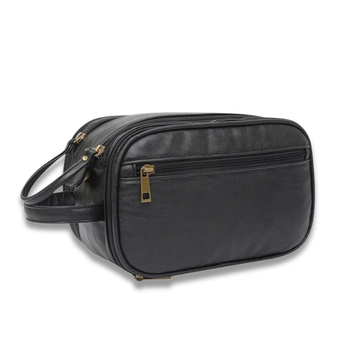 Borsa da toilette in pelle nera con cerniera dorata, design elegante e compatto, ideale per viaggi, accessori uomo, organizer da bagno.
