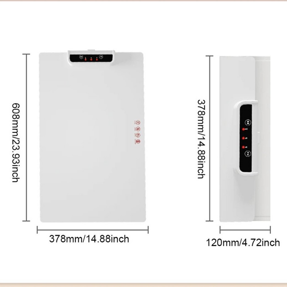 Purificatore d'aria bianco con display digitale, dimensioni 608x378x120mm, design moderno, ideale per casa e ufficio, efficienza elevata.