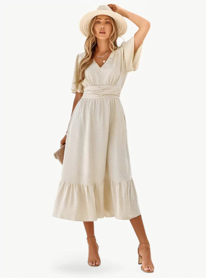 Abito Midi Donna Scollo a V Vestibilità Ampia Stile Casual - Vesarelli