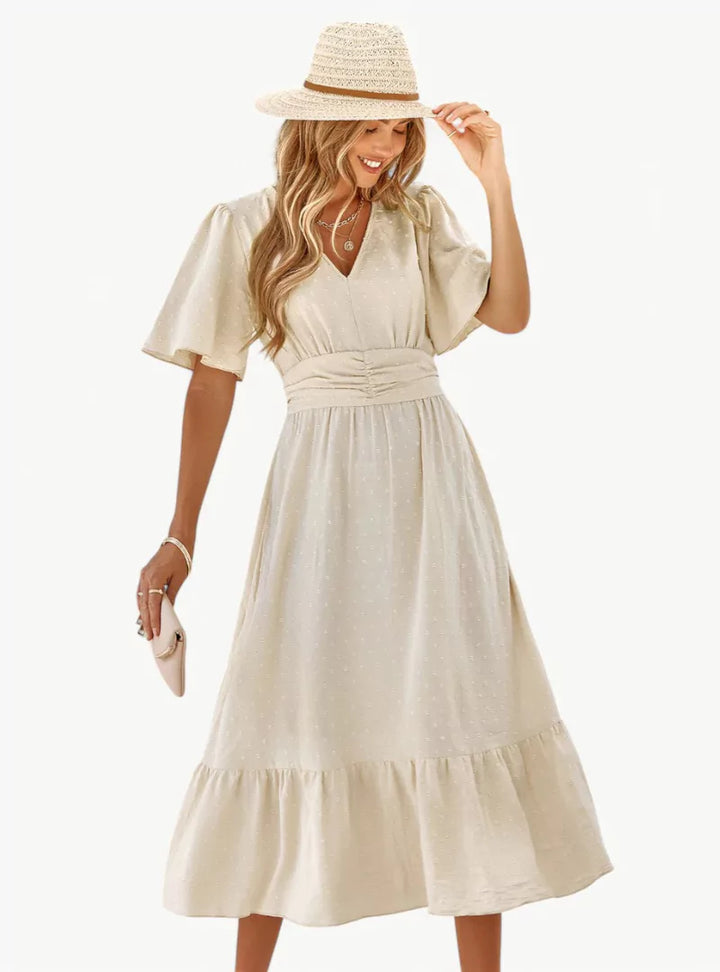 Abito Midi Donna Scollo a V Vestibilità Ampia Stile Casual