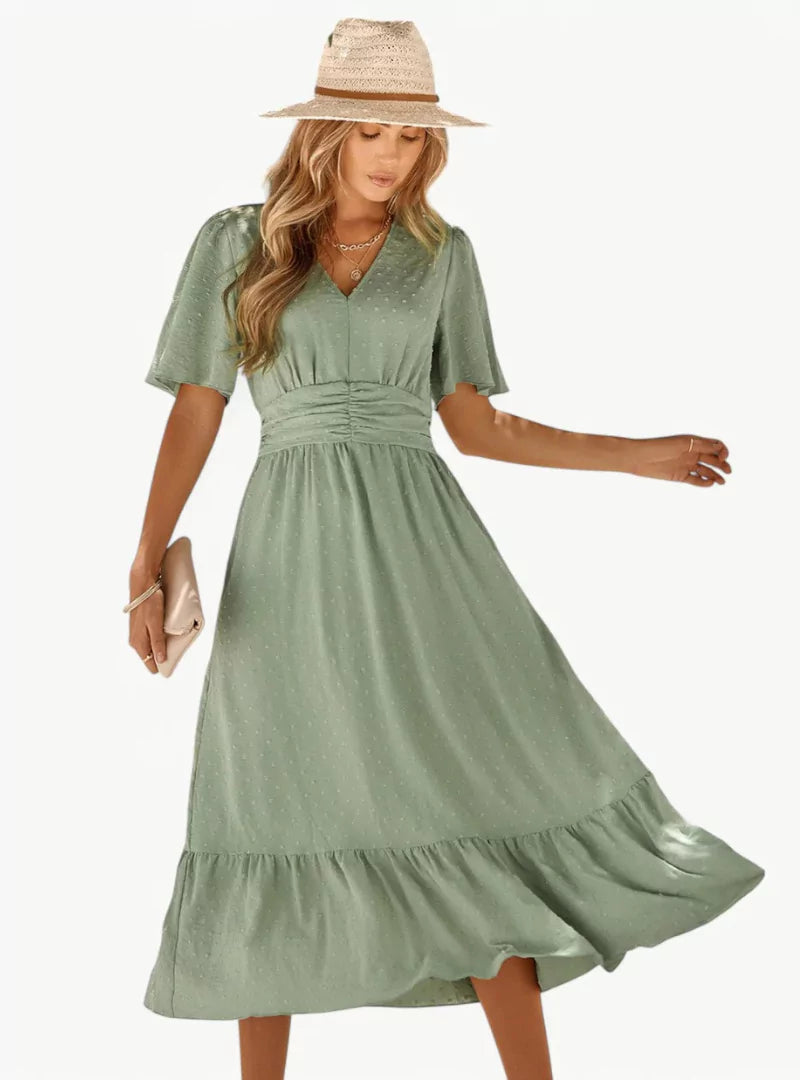 Abito Midi Donna Scollo a V Vestibilità Ampia Stile Casual