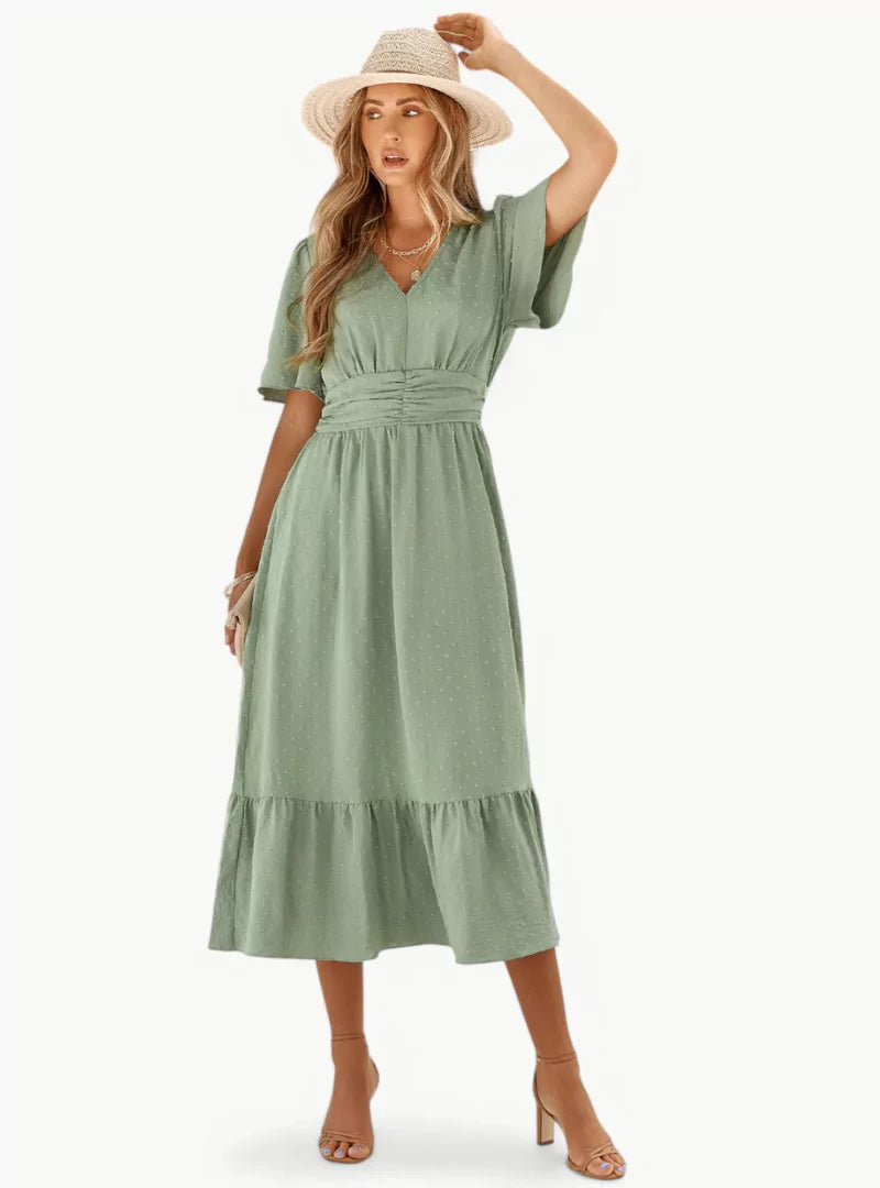Abito Midi Donna Scollo a V Vestibilità Ampia Stile Casual