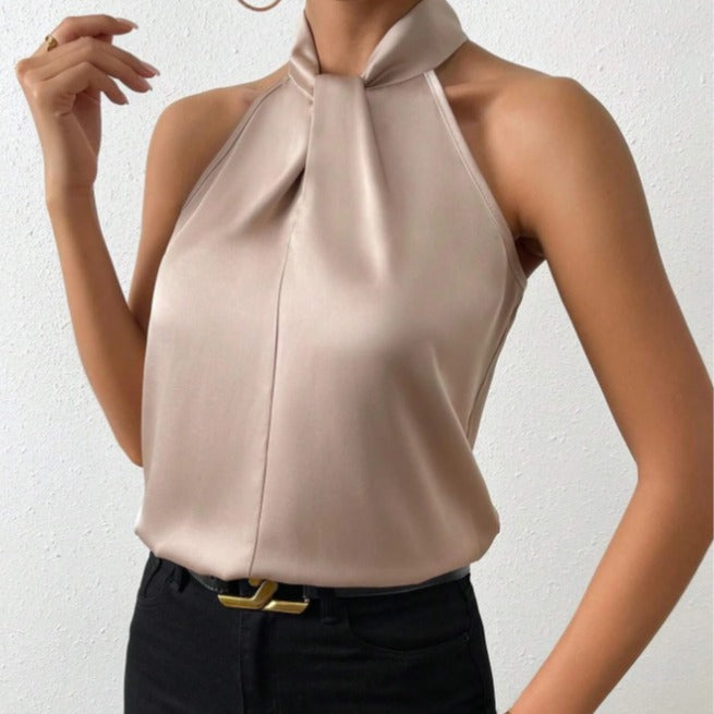 Blusa Donna in Raso Scollo allAmericana con Laccetti al Collo - Vesarelli