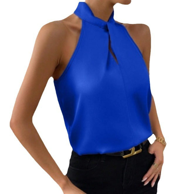 Blusa Donna in Raso Scollo allAmericana con Laccetti al Collo
