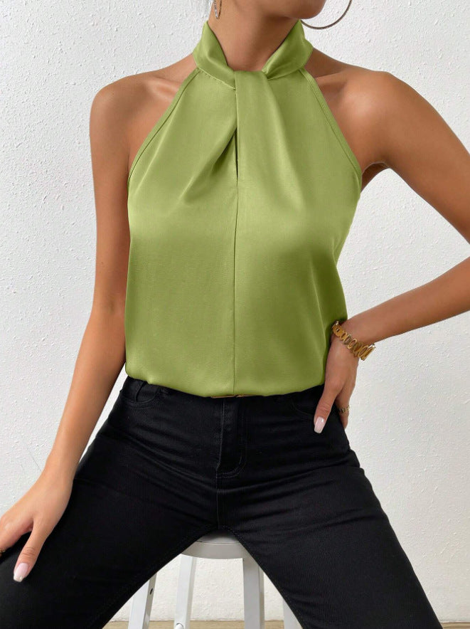 Blusa Donna in Raso Scollo allAmericana con Laccetti al Collo