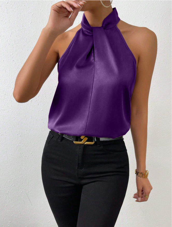 Blusa Donna in Raso Scollo allAmericana con Laccetti al Collo