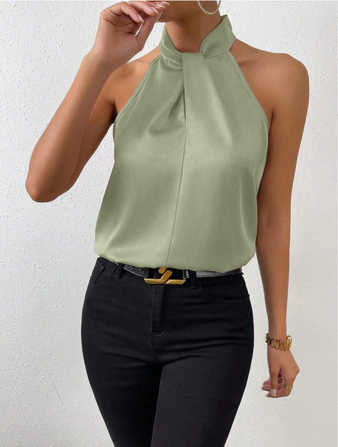 Blusa Donna in Raso Scollo allAmericana con Laccetti al Collo