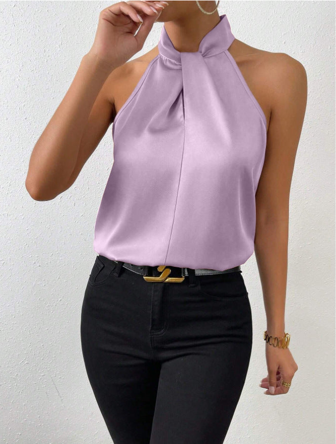 Blusa Donna in Raso Scollo allAmericana con Laccetti al Collo